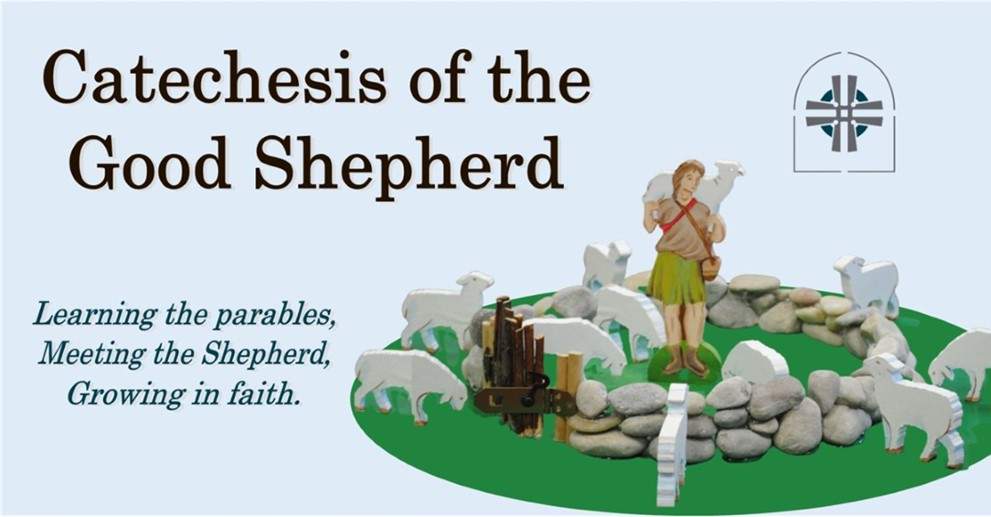 Banner showcasing "catechesis of the good shepherd" program, featuring an illustration of a shepherd with sheep and text about learning parables and growing in faith.