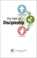 Poster with text "the path of discipleship" featuring three circular icons labeled worship, grow, and reach, connected by arrows, with the logo of desert church at the bottom.