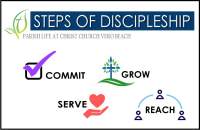 Logo of steps of discipleship featuring a tree and icons representing commitment, growth, service, and outreach, with the tagline "forming life & changing children world-wide".