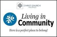 Logo for Christ Church Vero Beach, featuring a blue circle with a white symbol of three people, next to the text "living in community - here is a perfect place to belong!.
