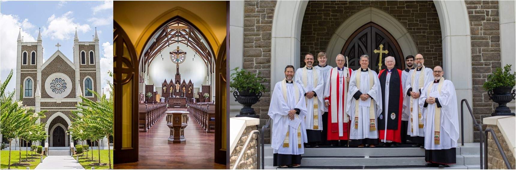 Three photos, exterior and  interior of St Peters Cathedral Anglicanism and photos of the religious staff standing on the church steps